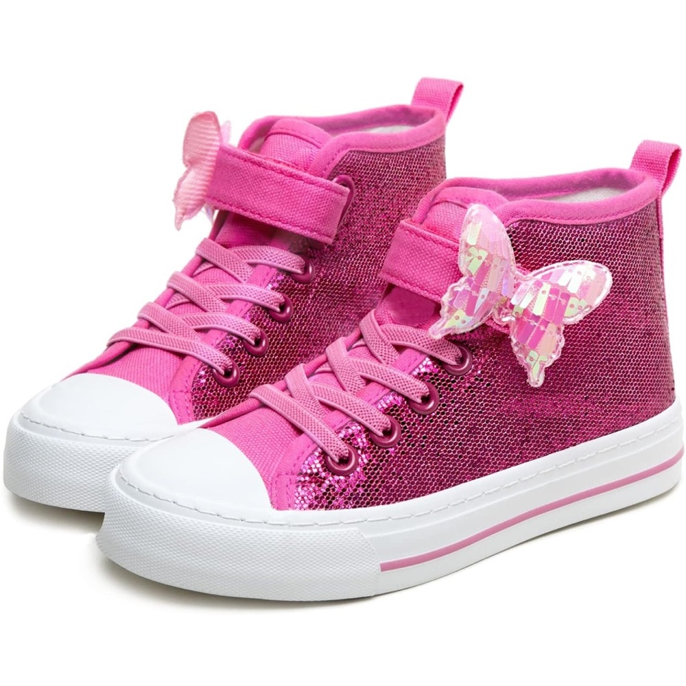 New Toandon High Top Casual Canvas Sneakers Girl Size 10 Pink Sparkly Butterfly